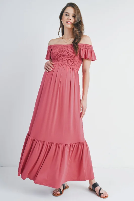 Off Shoulder Smocked Short Sleeve Maternity Maxi Dress