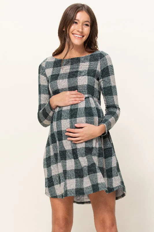 Plaid Sweater Knit Maternity Dress with Pocket