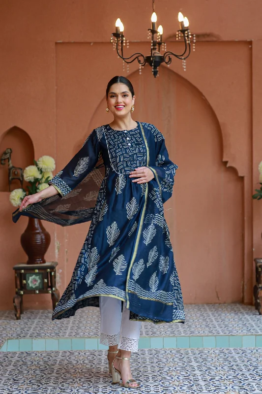 Premium Navy Blue Chanderi Maternity Kurta + Bump Band Bottom  + Dupatta (3 pc)