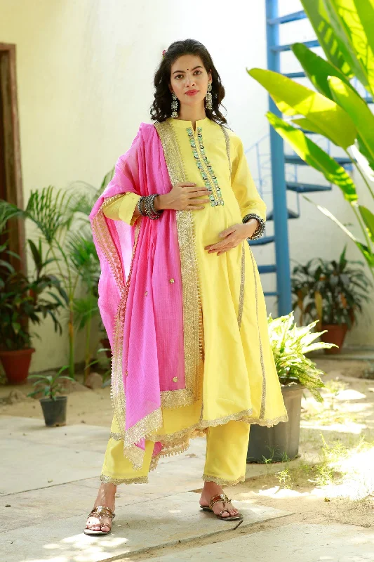 Premium Sunny Yellow Chanderi Maternity & Nursing Kurta + Bump Band Bottom + Dupatta (3 Pc)