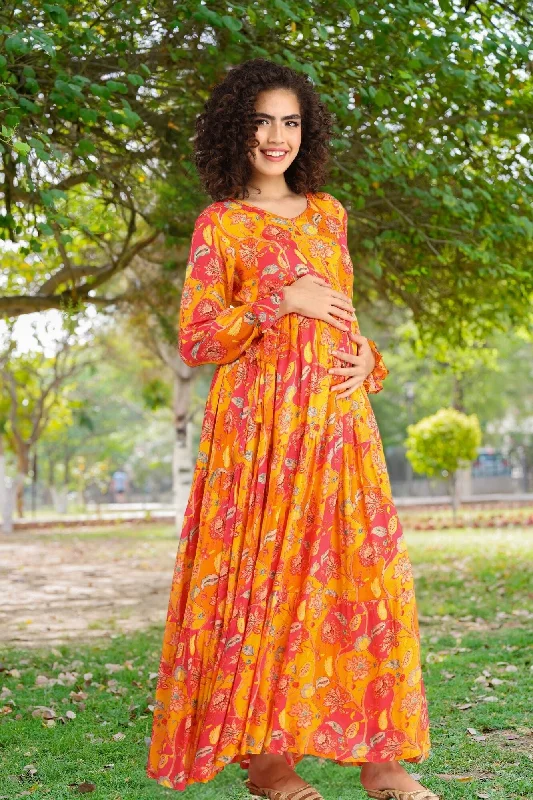 Pumpkin Red Maternity & Nursing Layer Dress