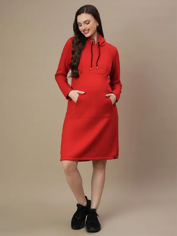 Red Maternity Hoodie Dress - Winter