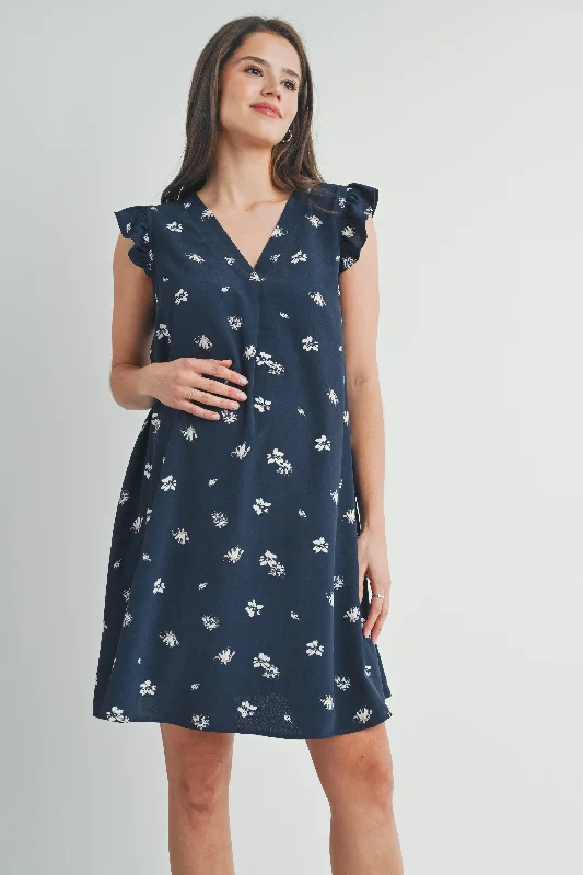 Ruffle Cap Sleeve Maternity V Neck Dress