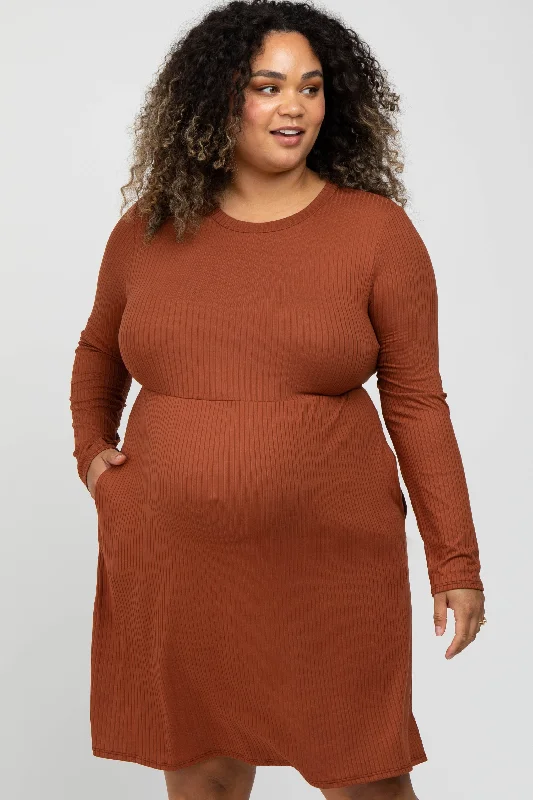 Rust Ribbed Long Sleeve Plus Maternity Dress