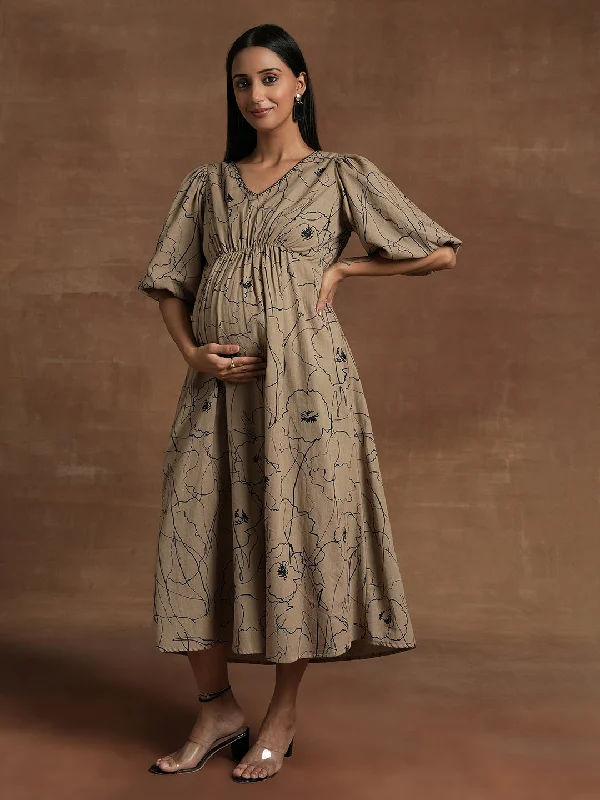 Taupe Floral Maternity Midi Dress