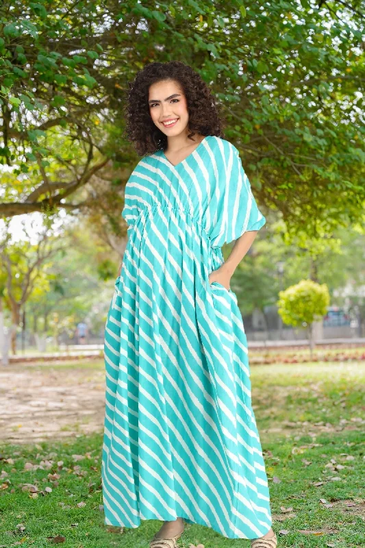 Teal Green Striped Maternity Kaftan Dress (100% Cotton)