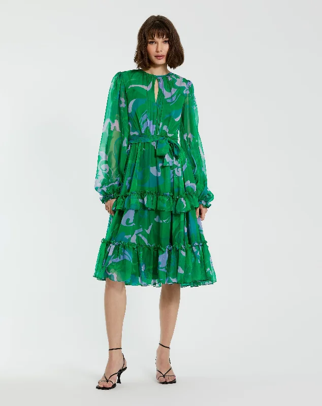 Green Printed Chiffon Bishop Sleeve Tie Waisted Ruffle Midi Dress