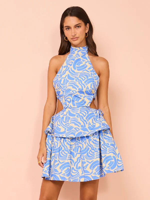 Ambra Maddalena Aurora Halter Neck Mini Dress in Blue Swirl