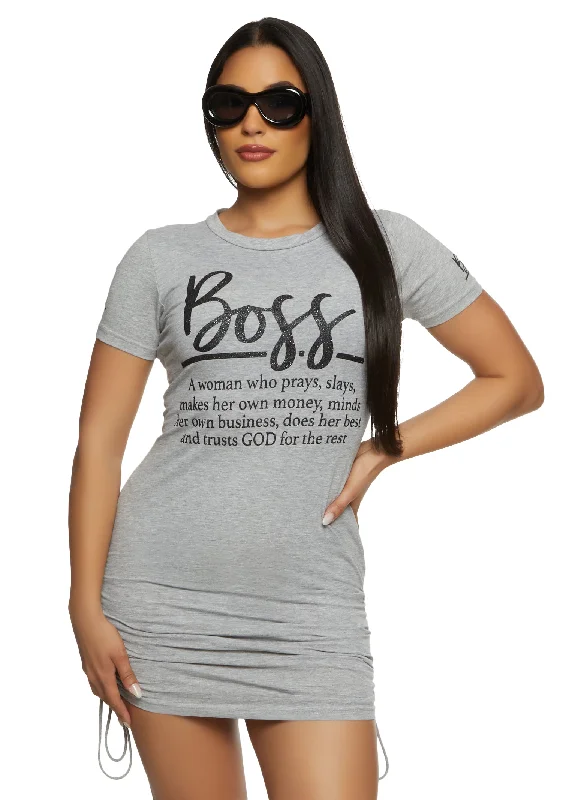 Boss Ruched Glitter Graphic T Shirt Dress