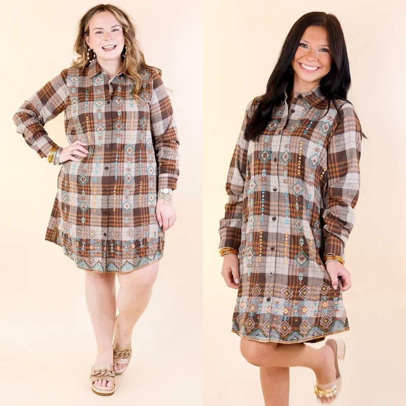 Loving In Layers Tribal Embroidered Plaid Button Up Dress in Brown Mix