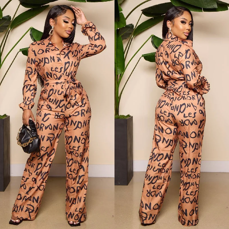 23911 2023 Hot Sale All Over Printed Shirts Top Women One Piece Wide Leg Jumpsuits Lounge Wear