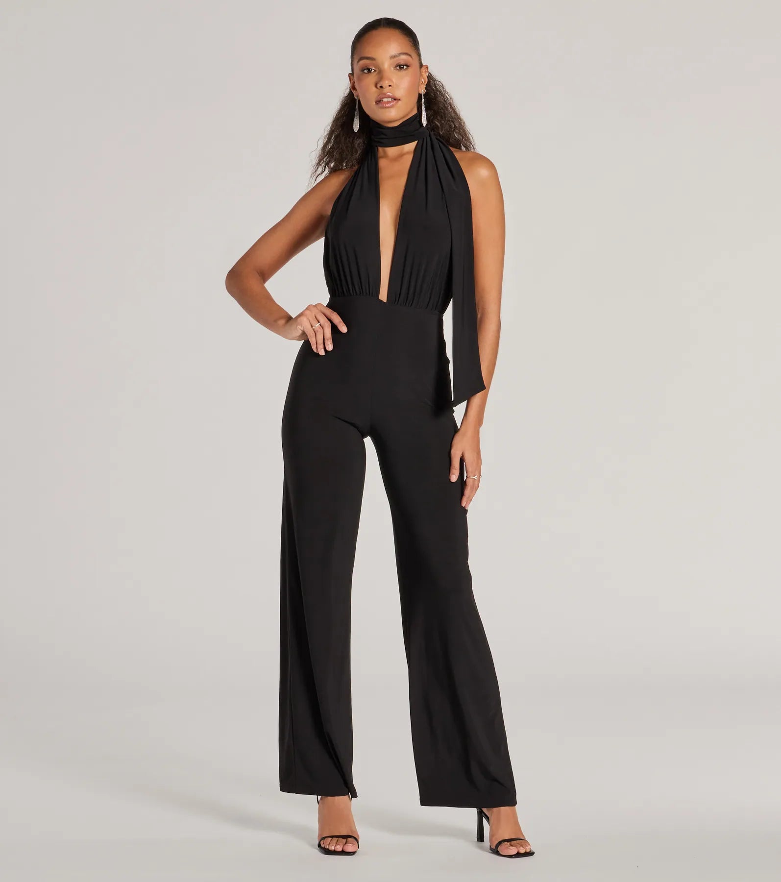 Chic Position Plunge Scarf Straight-Leg Jumpsuit