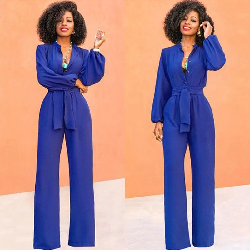 HYD6925 Multi-Color buckle round neck loose long sleeves jumpsuit