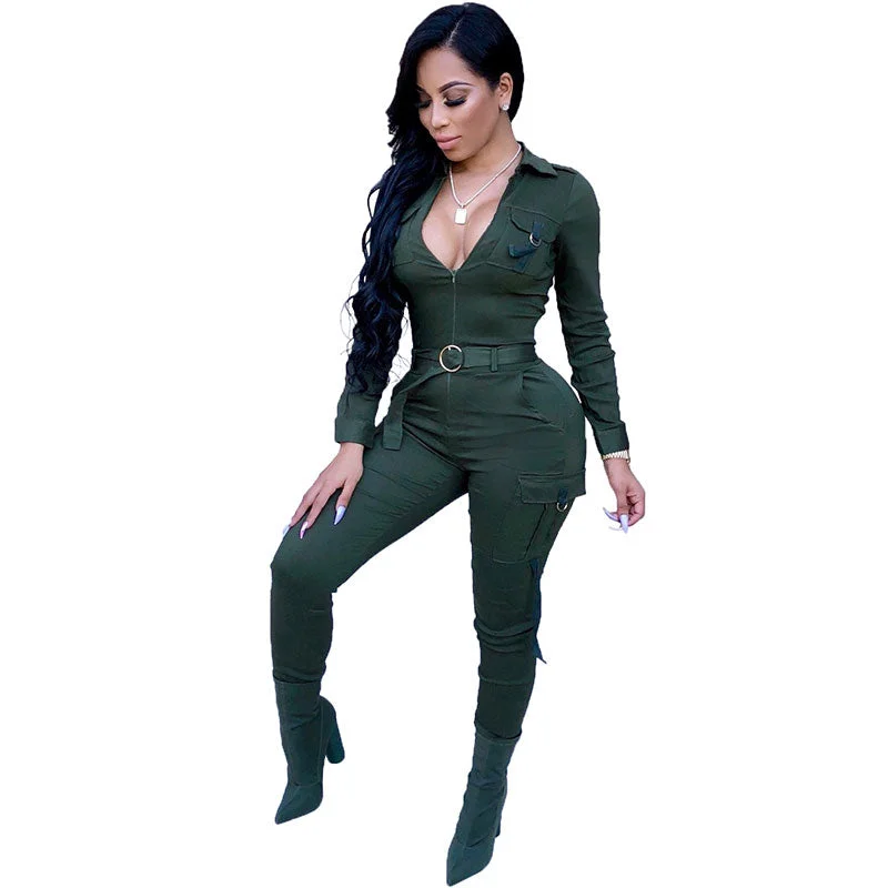 Large Size Womens Deep V Soho Belted Zipper Jumpsuits