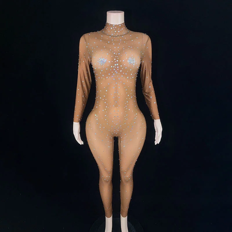 NOVANCE 2023 new product shiny diamonds full length brown spandex romper sexy hot bodycon jumpsuits for nightclub bar party