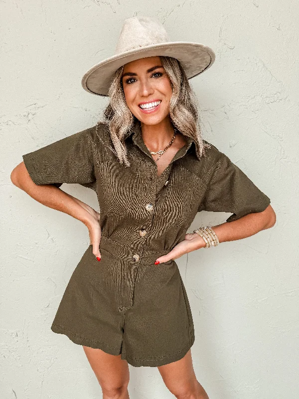 Just For Today Button Front Romper-Olive