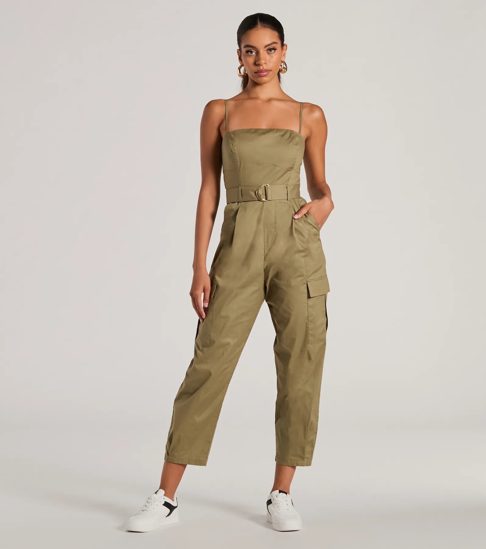 Social Outing Sleeveless Belted Cargo Crop Jumpsuit