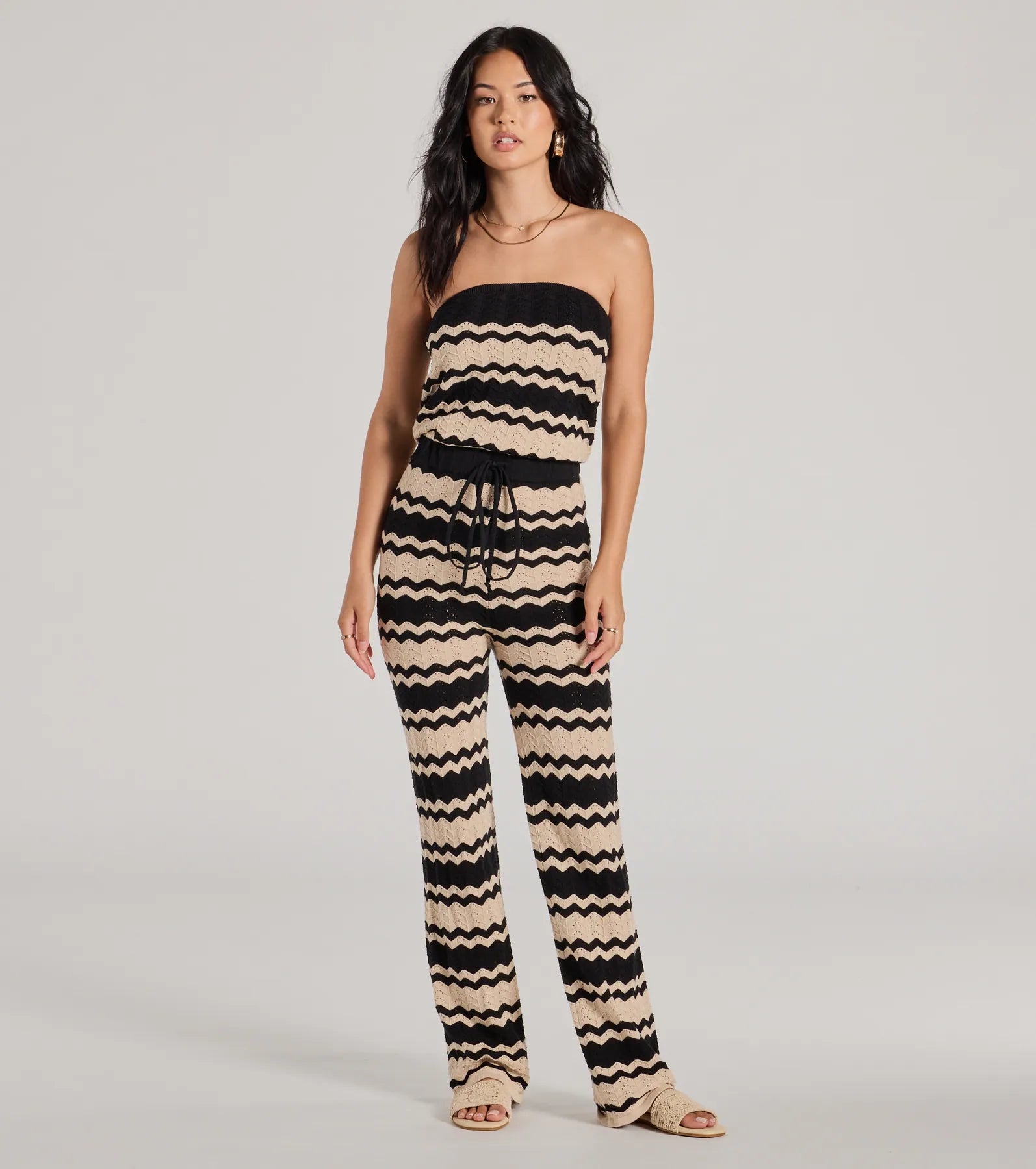 Stylish In Stripes Strapless Wide Leg Knit Jumpsuit