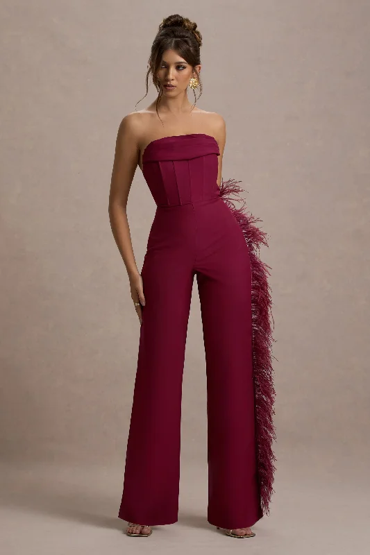 Topic Of Talk | Burgundy Strapless Bandeau Wide-Leg Jumpsuit With Feather Trim