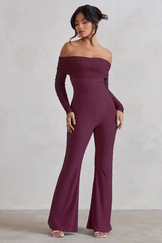 Whisper | Burgundy Ruched Mesh Bardot Jumpsuit