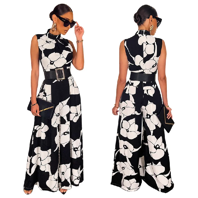 women sleeveless printed wide leg casual jumpsuit